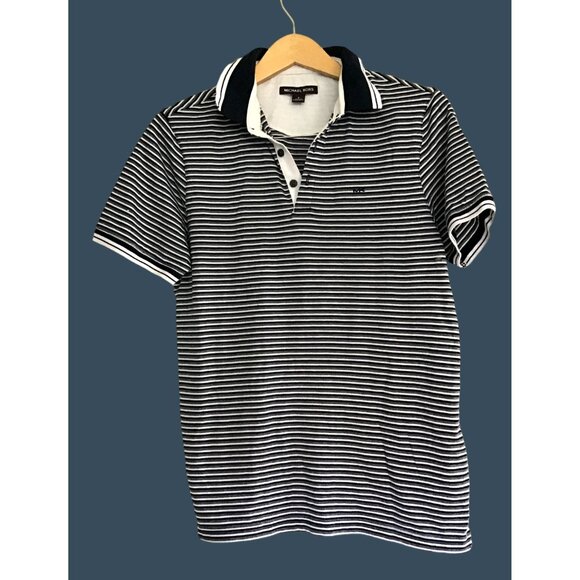 MICHAEL KORS -MENS BLUE/WHITE SHORT SLEEVE POLO STRIPPED SHIRT SIZE SMALL - Picture 1 of 7